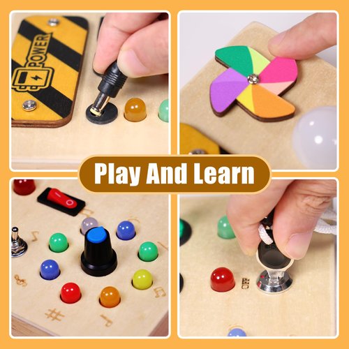 MTTIERY Montessori Busy Board for 1 2 3 Toddlers with LED Light Up Switch Boys Girls Birthday Gifts Preschool Learning Activities Wooden Toys Sensory Toys for 1-5 Year Olds