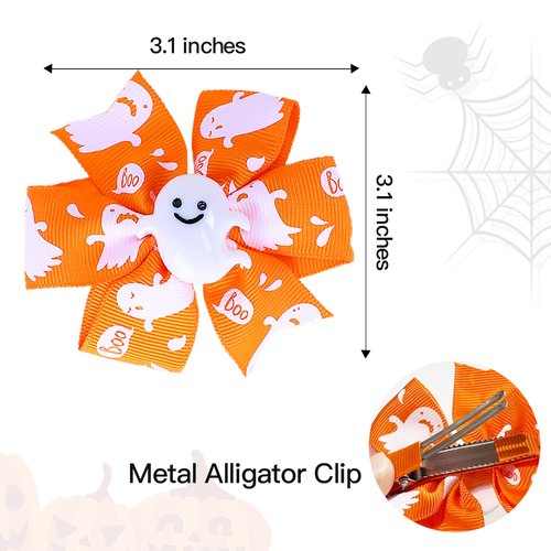 Halloween Hair Bows Clips, 2 pcs Ghost Hair Clips for Girls Kids Teens Orange Grosgrain Ribbon Bow Non-slip Alligator Clip Hair Accessory for Halloween Costume Party Spooky Season