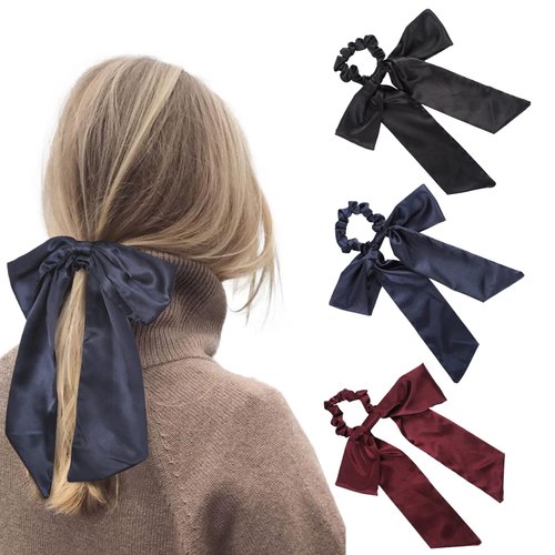 Hair Scrunchies with Bow Elastic Hair Ribbons Satin Hair Ties Bowknot Ponytail Holder Hair Scarf ...