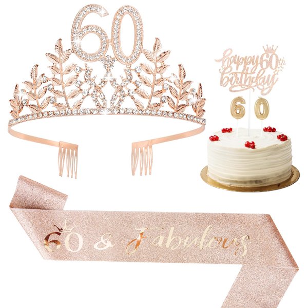CURASA 60th Birthday Decorations Decor for Women Rose Gold 60 Birthday Sash and Crown Rhinestones Tiara 60 & Fabulous Sash 60th Birthday Cake Topper 60th Birthday Candles 60th Birthday Gifts for Women