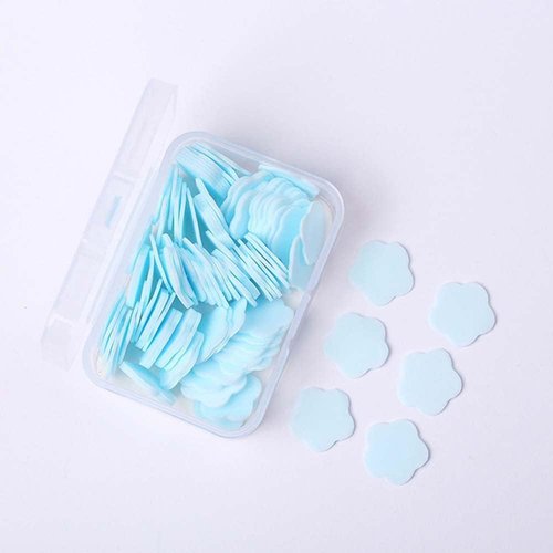 100Pcs Mini Portable Travel Soap Paper Sheets,Flower Shape Disposable Paper Soap Flakes, Cleaning Washing Hand Toiletry Paper Soap Sheets，Foot and Hand Care，Cleansers，Hand Wash (Blue)