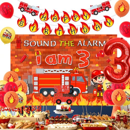 Fire Truck 3rd Birthday Decoration Sound the Alarm I Am 3 Birthday Decorations Sound the Alarm I Am Happy Birthday Banner, Backdrop, Cake Topper Firemen Birthday Decorations for 3rd Birthday Supplies