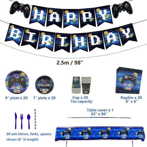 Video Game Party Supplies - Gamer Birthday Decoration Kit for Boys, Including HAPPY BIRTHDAY Banner, Plates, Cups, Napkins, Tableware, Tablecloths, for Kid Birthday Decoration - Serves 20