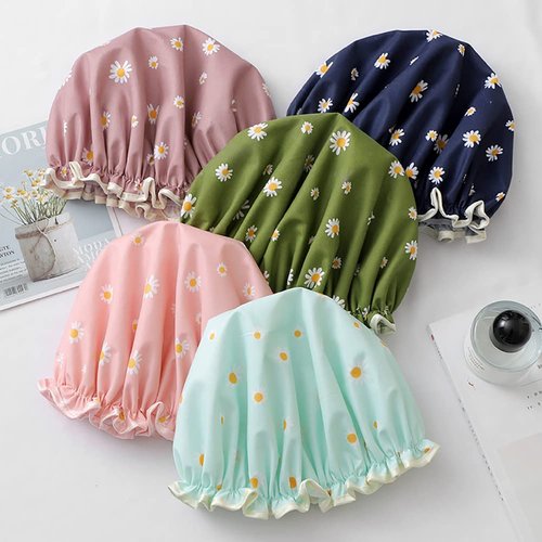 4 Pcs Daisy Bath Cap Double Layer Waterproof Shower Cap Elastic Band Bath Hats Hair Protection Cover Cap for Girls and Women