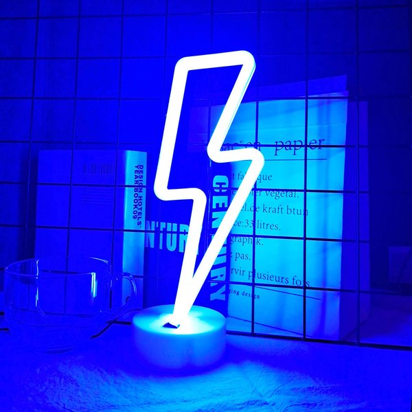 VIFULIN Lightning Bolt Neon Signs Lightning Neon Sign with Base for Bedroom LED Lighting for Room Decor for Teen Girls Gifts for Teenager Boys USB/Battery Cool Gaming Light with Holder(Blue)