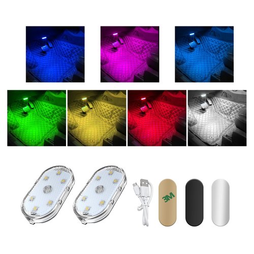 Dickno 2PCS Wireless Led Lights for Car Interior, 7 Colors Magnetic Auto Interior Light with 6 Bright LED Lamp Beads, Portable USB Rechargeable Interior Led Night Light Decor (Voice Control Colorful)