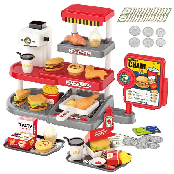 Cash Register Toy for Kids - Pretend Play Store with Play Money, Sound and Credit Card, Play Food Sets for Kids Kitchen with Burgers, Wings and Fries, Cash Register for Kids Ages 3-8