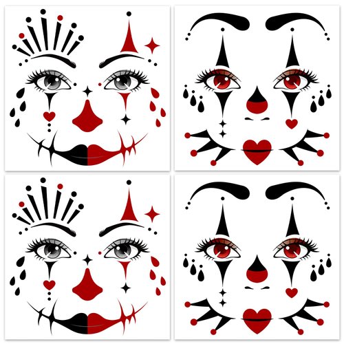 HOWAF 4 Sheets Clown Face Tattoos, Clown Full Face Temporary Tattoos for Mime Costume Accessories, Horror Clown Red Black Fake Tattoos Stickers for Horror Party Decor Role Playing Party Decor