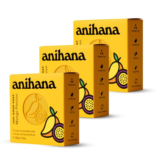 ANIHANA Feel-Good Soap 3 Pack with Coconut Oil and Shea Butter Gentle Cleansing Paraben Free Cruelty Free Refreshing Mango Passion Scent 4.2 oz each
