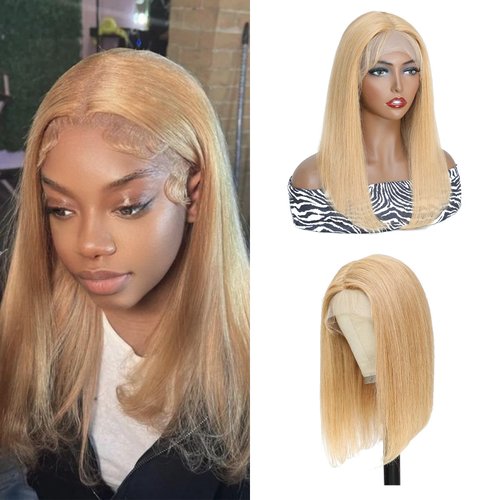 X-TRESS Bob Human Hair Wigs Brazilian Honey Blonde Straight Lace Front Wig 13×4×1 T Part Lace Short Bob Wigs For Black Women Colored 100% Human Hair Pre Plucked with Baby Hair (14inch)