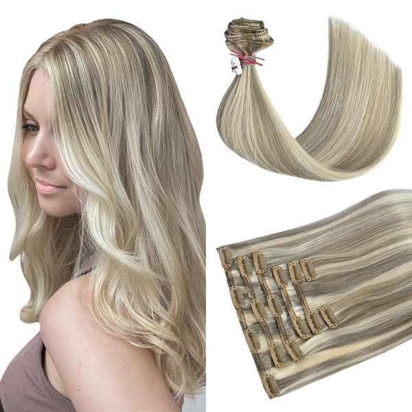 HUAYI Clip In Real Human Hair Extensions Ash Blonde Mixed Bleach Blonde 15 Inch 70g 7pcs Natural Double Weft No Shedding No Tangling Remy Human Hair Extensions(15in 7pcs 70g)