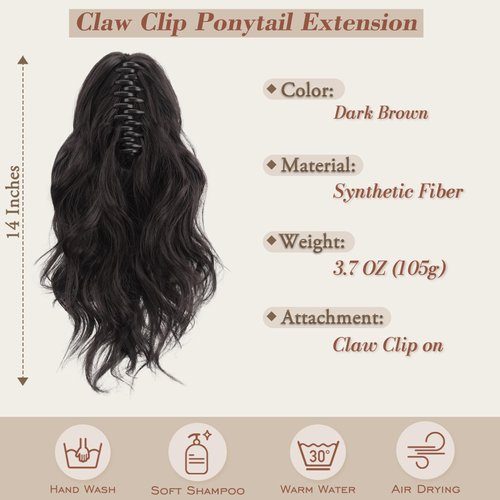 BARSDAR Brown Ponytail Extension, 14 In Claw Clip Short Wavy Ponytail Hair Extensions Thick Soft Synthetic Clip in Pony Tails Hairpieces for Women Girls Daily Party Halloween (Dark Brown)