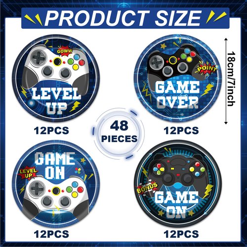 CHUNNIN 48PCS Video Game Party Paper Plates Video Games Themed Birthday Party Supplies for Boys Gamer Kids 7" Blue Gaming Controller Dessert Plates Disposable for Video Game Party Decorations