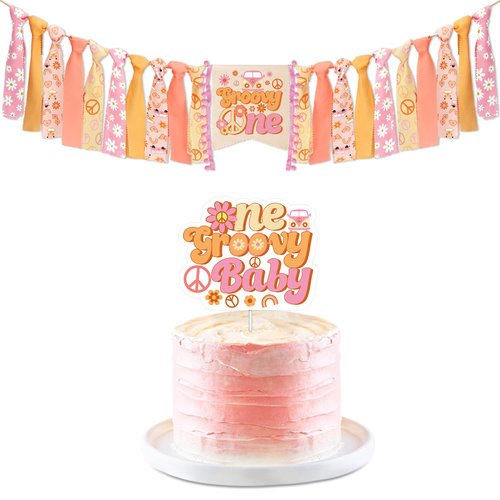 Vansolinne First Birthday High Chair Banner Kit, Hippie One Groovy Birthday Decorations for Girl Baby Shower, Boho Cake Smash One Groovy Baby Party Supplies