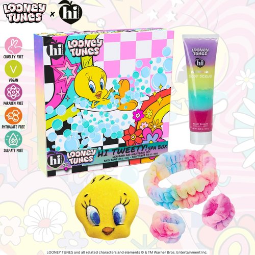 Tweety x Hi Peach Layne Bath Spa Box Gift Set, Head and Wristband Wrap Face Wash Set, Tweedy Bath Bomb (5.8oz), and Rainbow Body Scrub (8.82oz)