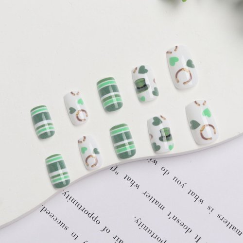 BFY St Patrick's Day Press on Nails Medium Square Green Fake Nails, Green Hat Line Heart Lip Acrylic Nails, Irish White Glossy Gel False Nails Kit Stick Glue on Nails Tip, 24 Pcs