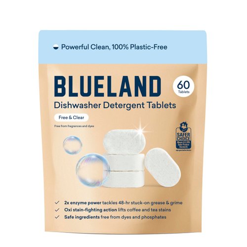 BLUELAND 100% Plastic-Free Dishwasher Detergent Tablets, 60 Count, Free & Clear, Eco-Friendly Dishwashing Pods, Natural, Sustainable