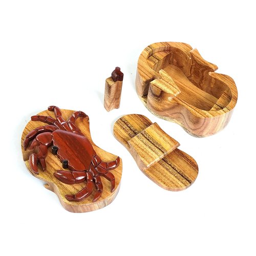 South Asian Handicrafts Crab - Intarsia Wood Puzzle Box - Handcrafted with Secret Compartment