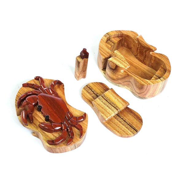 South Asian Handicrafts Crab - Intarsia Wood Puzzle Box - Handcrafted with Secret Compartment