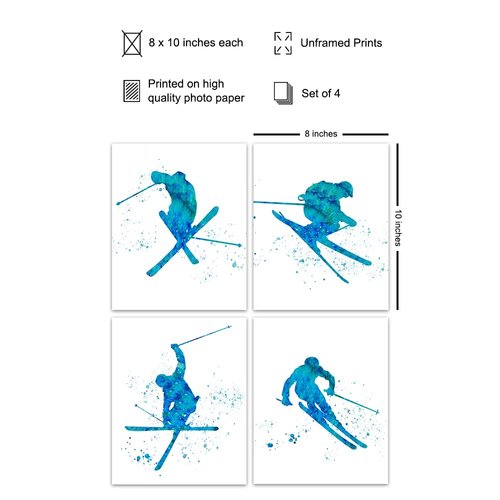 Freestyle Skiing Watercolor Wall Art Print Set - Cute Home Decor for Boys, Teens, Kids Bedrooms, Den and Office - Great Gift for Skiers and Extreme Sports Fans - Four 8x10 Photos - Unframed