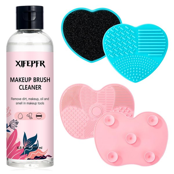 XIFEPFR Makeup Brush Cleaner, 6.8 Fl Oz Make Up Brush Cleaner Cleanser, Makeup Brush Cleaner Solution for Brushes, Sponge, Puff, Makeup Brush Shampoo with 2pcs Cleaning Mat, Gifts for Women