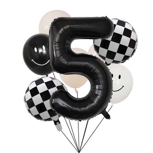 100% LIKED- 40” Black Five|Black & White Smiley Face Latex |Checkered Foil for Birthday Decorations, Smiley Face Party Deco, Baby Shower,3rd Birthday Party Supplies