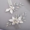 Chargances 2pcs Wedding Silver Flower Leaf Hair Comb Bridal Pearl Handmade Hair Side Comb Set Bride Flower Hair Piece Wedding Hair Accessories for Women and Girls (Silver)