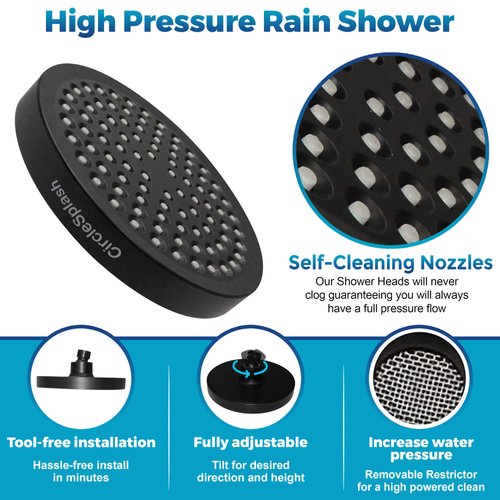 CIRCLESPLASH Shower Head - High Pressure Rain - Premium Modern - Tool-less 1 min Installation - Removable Restrictor - Universal Replacement Matte Black Finish Rainfall Showerhead 6 inch
