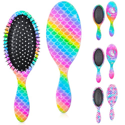 Ausletie Rainbow Mermaid Hair Brush for Girls and Women, Wet Dry Brush Detangler for Curly Hair, Pain Free Comb for All Hair Types