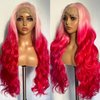 SOKU 13x6 Body Wave Lace Front Wigs 28 Inch Natural Wave Synthetic Wigs with Baby Hair Ombre Pink Lace Frontal Wigs with Light Pink Roots Pre Plucked Glueless HD Lace Wavy Wigs for Women