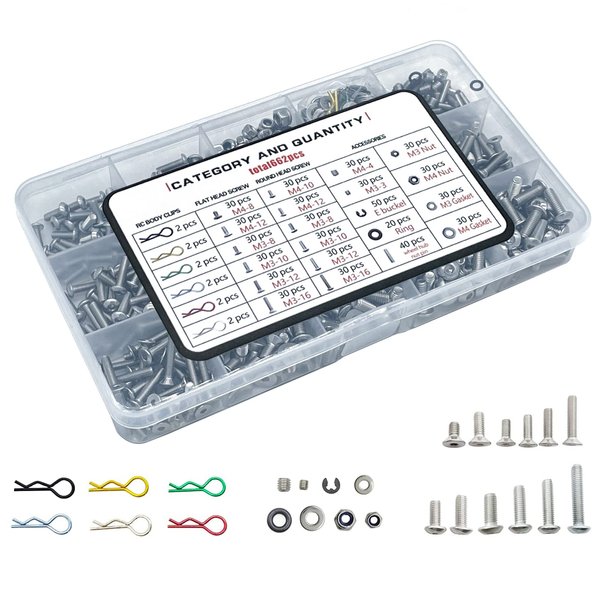 662-piece Universal Remote Control Screw kit 304 Stainless Steel Screw Combination kit, Suitable for Traxxas axial Redcat HPI Arrma SCX10 Losi 1/8 1/10 1/12 1/16 Scale Remote Control Truck Track