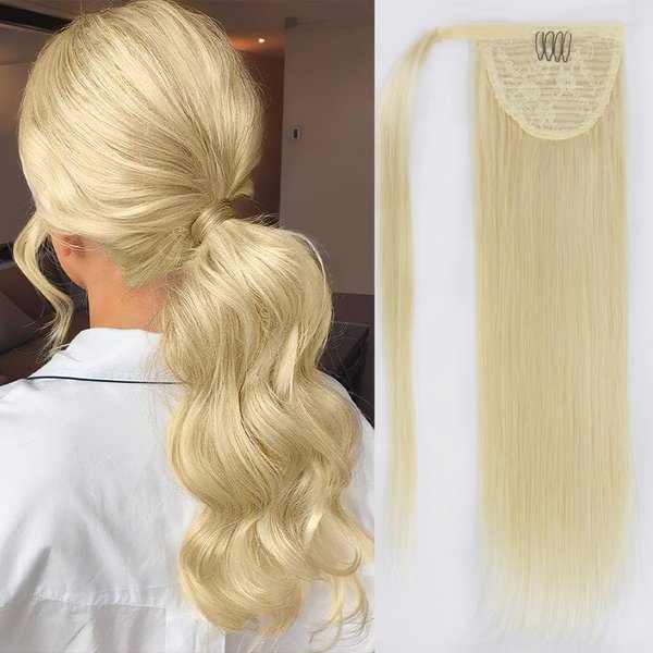 Star Show Ponytail Hair Extension Human Hair #613 Light Blonde Ponytail Hair Extensions 100% Real Remy Human Hair Wrap Around Long Straight Ponytail Hairpiece(20 inch, Blonde #613)