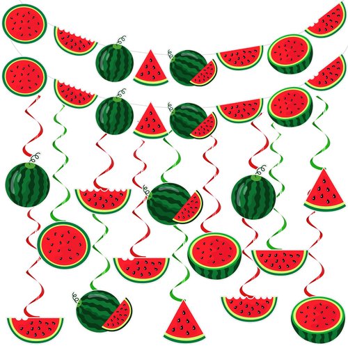 MotiMind 34 Pcs Summer Watermelon Party Decorations Watermelon Hanging Swirl Decorations Pre Stru...