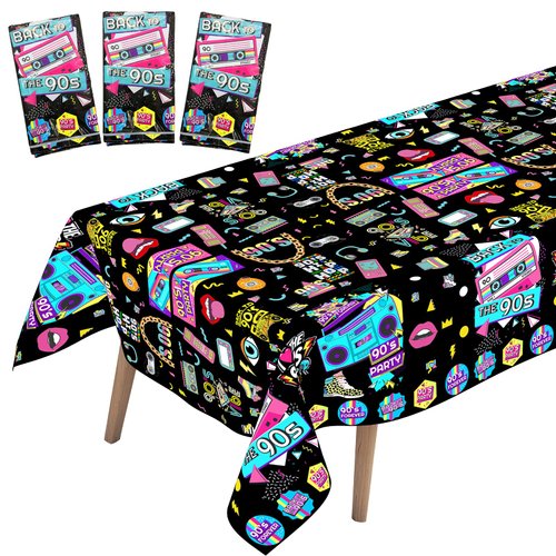 WOXIN 3 Pack 90’s Party Tablecloth, Back to 90s Hip Hop Party Birthday Table Cover for 1990s Theme Party Decorations Supplies