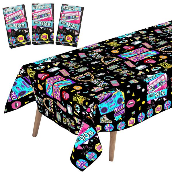 WOXIN 3 Pack 90’s Party Tablecloth, Back to 90s Hip Hop Party Birthday Table Cover for 1990s Theme Party Decorations Supplies