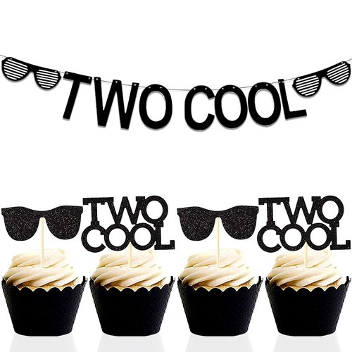 Set of 25 LaVenty Two Cool Banner Black Glittery Two Cool Cupcake Topper Sunglasses Party Supplie...