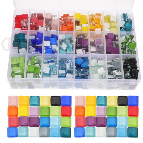 Tofficu 1 Box Glass Mosaic Tiles for Crafts Bulk, Mosaic Glass Pieces for Art Crafts, Mosaic Tiles Stained Glass for Coasters Flowerpots Decoration - 24 Colors(About 1100 Pieces)