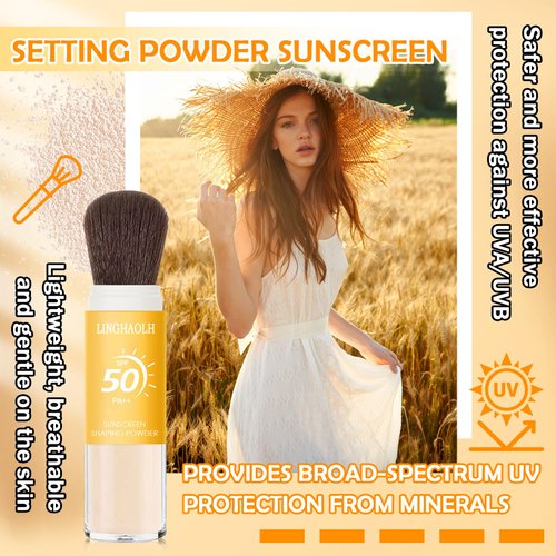 Sunscreen Setting Powder Brush SPF 50 PA++,Matte Translucent Loose Setting Face Powder,Brush On Powder Sunscreen for Face,Long Lasting Oil Control Mineral Brush Makeup Setting Powder