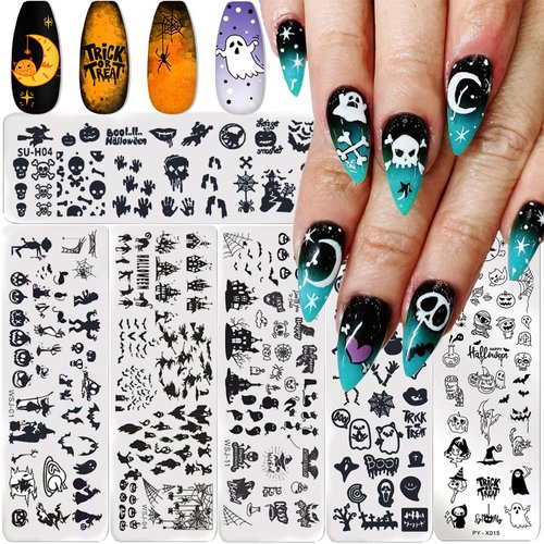 Halloween Stamping Plates for Nails，Halloween Ghost Skull Witch Bat Nail Stamper Kit Fall Terror Pumpkin Corpse Design Gel Polish Nail Stamper Template Nail Supplies(6Pcs)