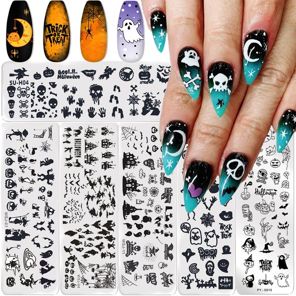 Halloween Stamping Plates for Nails，Halloween Ghost Skull Witch Bat Nail Stamper Kit Fall Terror Pumpkin Corpse Design Gel Polish Nail Stamper Template Nail Supplies(6Pcs)