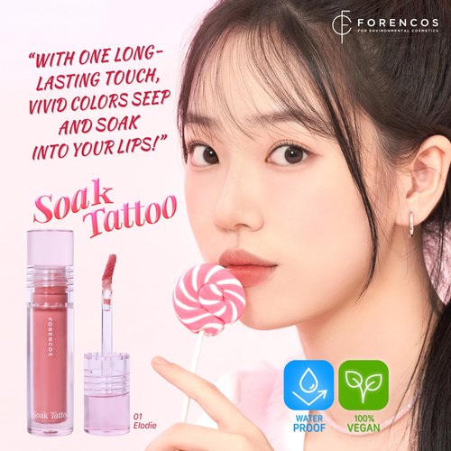 FORENCOS Soak Vegan Lip Tint/Stain, Water Gel Formula, Weightless & Non-sticky Finish, Vivid Color, Smudge-proof, Cruelty-Free, Korean Makeup, Waterproof, 0.11 oz (01 Elodie)