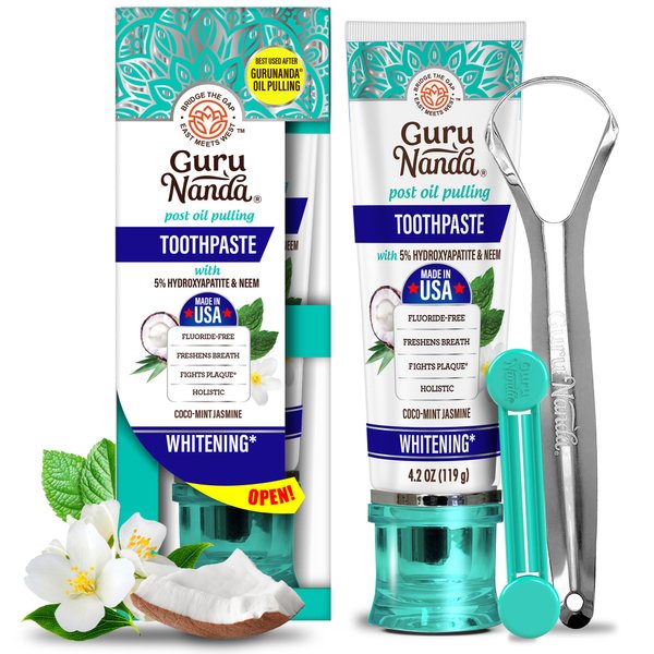 GuruNanda Hydroxyapatite Toothpaste, SLS & Fluoride Free, Whitening Toothpaste - Freshens Breath, Fights Plaque - Natural CocoMint Jasmine Neem, 4.2oz