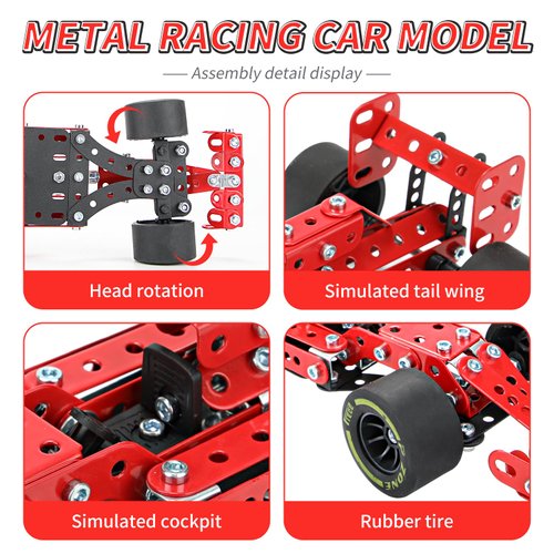 BESTYMXY Building Kit Car Model, 1:20 Scale Race Car Metal Model STEM Project Building, Erector Set STEM Projects Toys for Boys 8-12, Red Vehicle DIY Assembly Metal Model