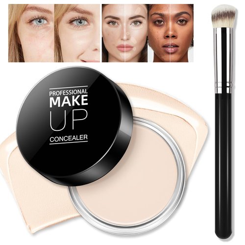 LOKFAR Cream Concealer Full Coverage Makeup, Matte Color Correcting Concealer with Brush, Waterproof, Conceals Blemish, Pores and Spots, Under Eye Makeup Concealer for Dark Circles (#01 IVORY WHITE)