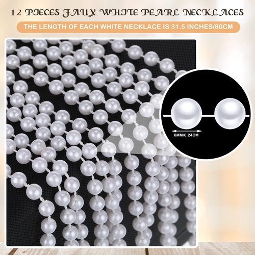 12 Pack Fake Pearl Necklace Costume Jewelry Long Faux Pearl Necklace Party Favors White Plastic Flapper Bead Strand for Kids Girls Women 1920s Wedding Bridal Shower Tea Birthday Decorations