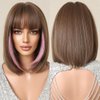 Tumhorn Short Straight Brown Wigs Synthetic Pink Highlights Bob Wigs for Women Heat Resistant Natural Looking Wig with Bangs