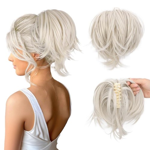 QGZ Messy Bun Hair Piece, Claw Clip in Short Ponytail Extension with Bendable Metals Wires for Women