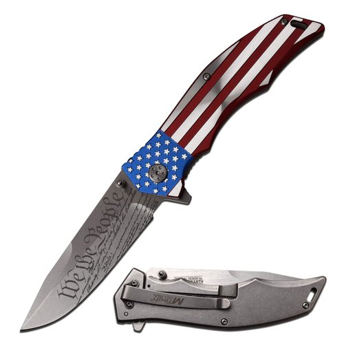 MTech USA Xtreme – Spring Assisted Open Folding Knife – Satin Finish Blade with “We the People” Etching, Anodized Color US Flag Aluminum Handle, Pocket Clip, EDC, Tactical – MX-A849CL