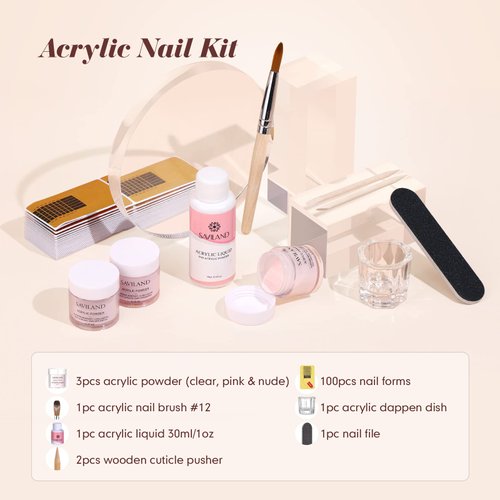 Saviland Acrylic Nail Kit Starter: Clear Pink Nude Acrylic Nail Kit Acrylic Powder & Monomer Acrylic Nail Liquid Acrylic Nail Brush Nail Files Forms Press On Nails Kits Acrylic Set Home Practice