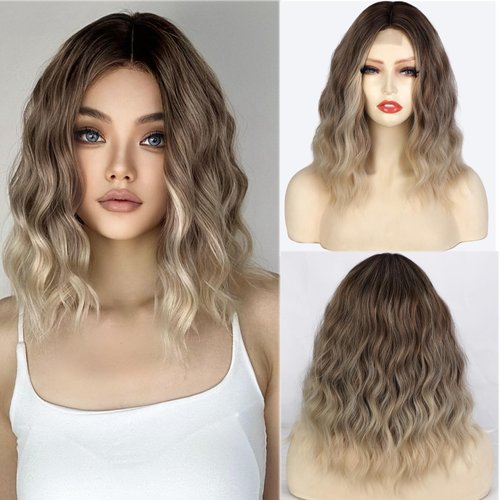 incohair Short Blonde Wig for Women 14 inch Short Wavy Middle Part Wig Short Blonde Ombre Wigs Shoulder Length Hair Replacement Wig for Cosplay and Daily Use（Brown Ombre Blonde,14"）